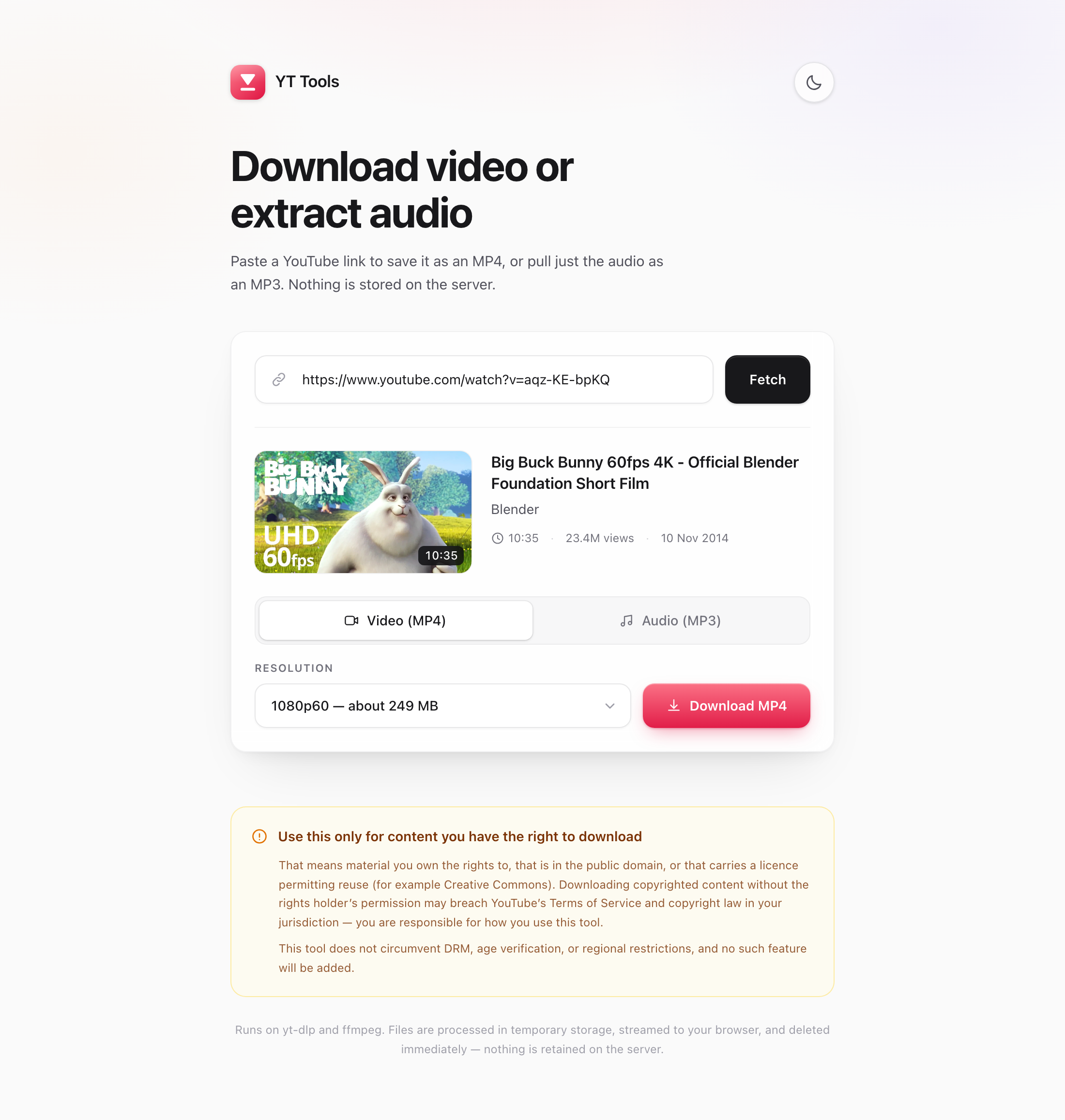YT Tools showing a fetched video with its thumbnail, duration and a resolution picker